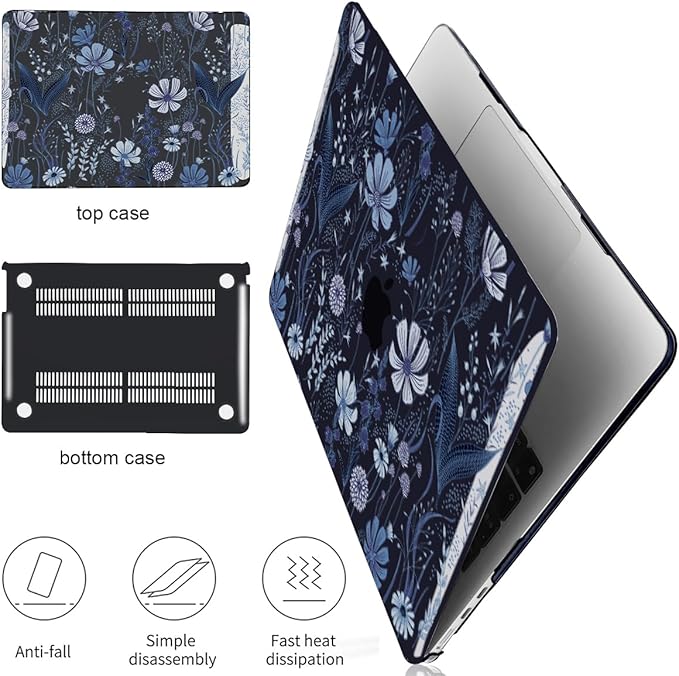Compatible with 2022 2023 2024 MacBook Air 13.6 inch Case A3113 M3 A2681 M2, Crystal Printed Pattern Plastic Hard Case Cover for MacBook 13.6 inch Air 2024 M3 Touch ID, Wild Flowers Black