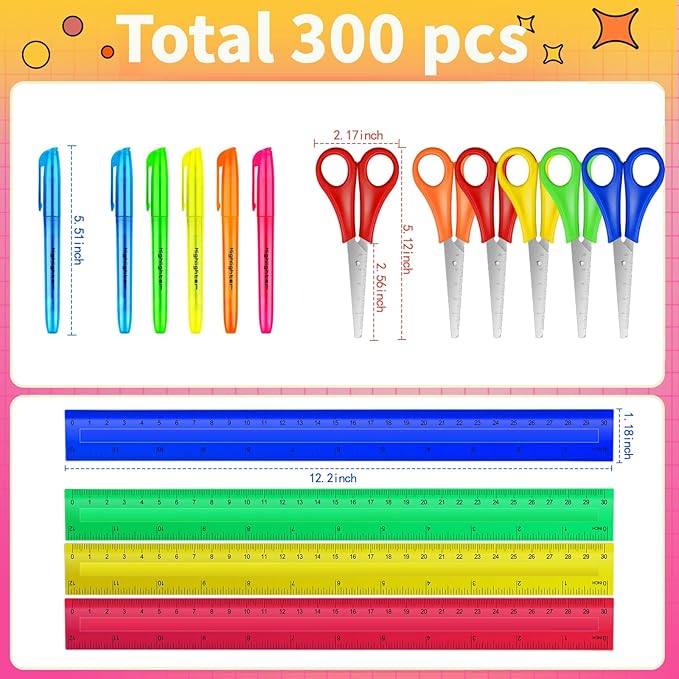 300 Pcs Back to School Supplies Kit, Include 100 Pcs 12 Inch Plastic Rulers 100 Pcs Assorted Colors Highlighters 100 Pcs Student Scissors for Kids Classroom Charity Donation Supplies (300)