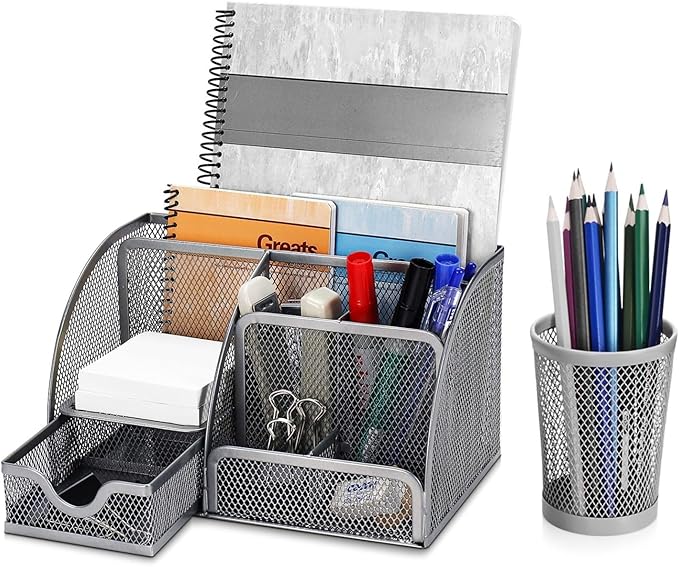 Flexzion Desk Caddy Organizer Set (Silver Gray) - Metal Mesh Desktop Caddy with Drawers, 6 Compartments, and Pencil Holder for Women & Men - Desktop Organizer and Storage for Work or Office Supplies