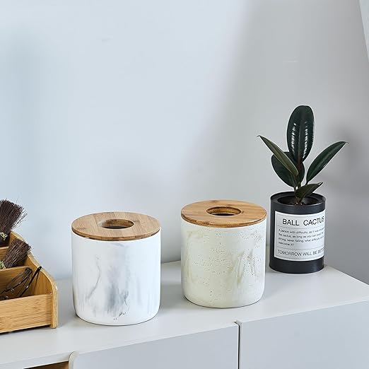 Polytree Marble White Mini Trash Can with Bamboo Lid,Small Countertop Trash Can,Desk Trash Can,Table top Mini Garbage Cans,Resin Tiny Waste Basket