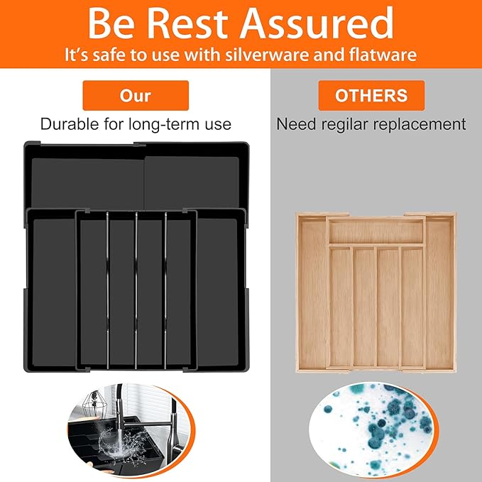 Silverware Organizer - Expandable Kitchen Drawer Organizer, Adjustable Silverware Drawer Organizer, Plastic Cutlery Tray for Forks, Knives, Kitchen Drawer Organizers and Storage, Black