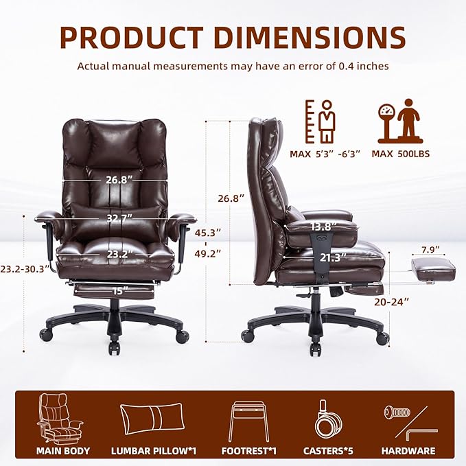 Big and Tall Office Chair 500lbs Wide Seat Executive Office Desk Chair High-Back Office Task Chair with Foot Rest, Ergonomic Lumbar Support Computer Office Chairs for Heavy People(Brown)