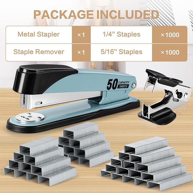 Deli Stapler Heavy Duty, Full Strip Staplers for Desk with 2000 Staples and Staple Remover, 50 Sheet Capacity, No Jam, Non-Slip Office Stapler with Staples for Office, Classroom, Blue