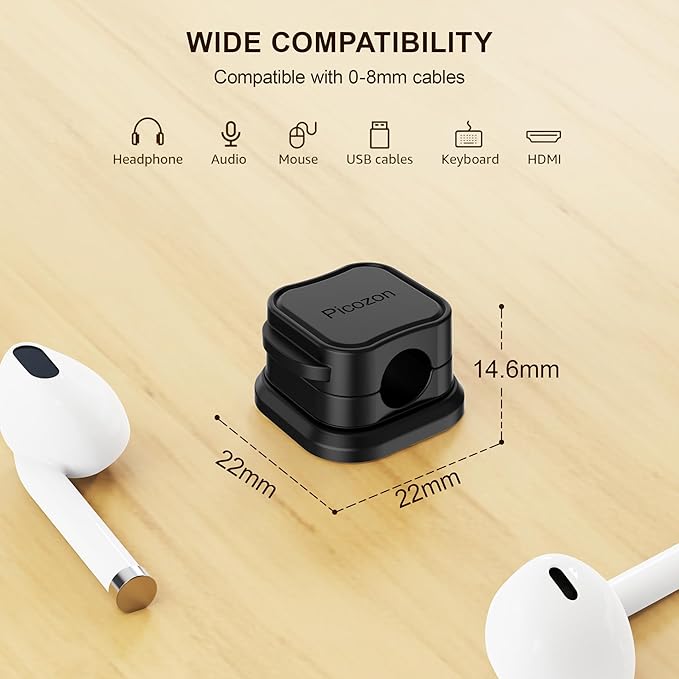 6 Pack Magnetic Cable Clip Organizer Cord Holder, Picozon Adhesive Cable Management, Wire Phone USB Charger Cable Holder Keeper Organizer for Car, Office Home Desktop, Wall, Night Table - Black