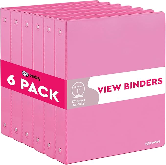 3 Ring Binder Pink, 1 Inch, 1” Clear View Cover with 2 Inside Pockets Round Ring Binder, Colored School Supplies Binders, Also Available in Grey, Blue, Purple, Green, and Red (6 PC) – by Enday