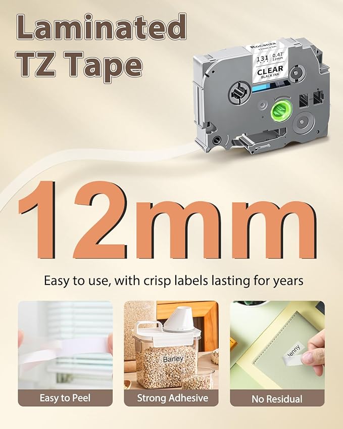 TZe-131 Clear Label Maker Tape Compatible with Brother P-Touch Label Tape 12mm 0.47 Laminated Clear TZ Tape 1/2" Work with Brother PTouch D220 PTD210 PTH110 PTH111 PTP710BT PTD400 Cube, 6-Pack