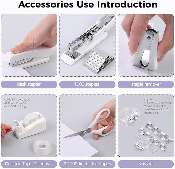 SKYDUE White Office Supplies Set, Desk Accessories, Stapler, Tape Dispenser, Scissors, Binder/Paper Clips and 1000pcs Staples, Office Decor for Women