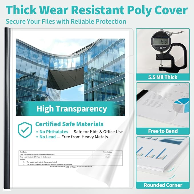 Binditek 12 Pack Clear Report Covers with Sliding Bars, 25 Sheet Capacity, 5mm Binding Bars, Letter Size, 5.5 Mil Thick, Black, for Students and Coworkers