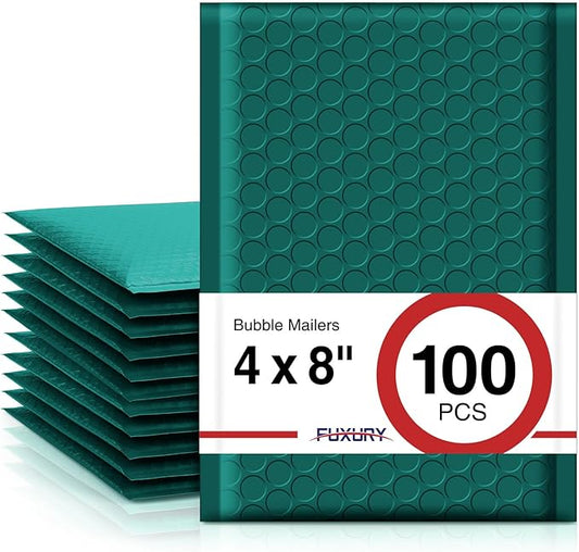 Fuxury Bubble Mailers 4x8" 100 Pack Bubble Mailer Usable Size 4x7" Forest Green Padded Envelopes Waterproof Shipping Envelopes Padded Mailers for Small Business Mailing