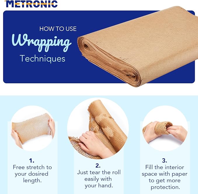 METRONIC 15" x 28" Honeycomb Packing Paper Sheets for moving 100 Pcs, Wrapping Paper for Bubble Cushioning Wrap and Shipping Packaging, Biodegradable & Fully Recylable, Brown