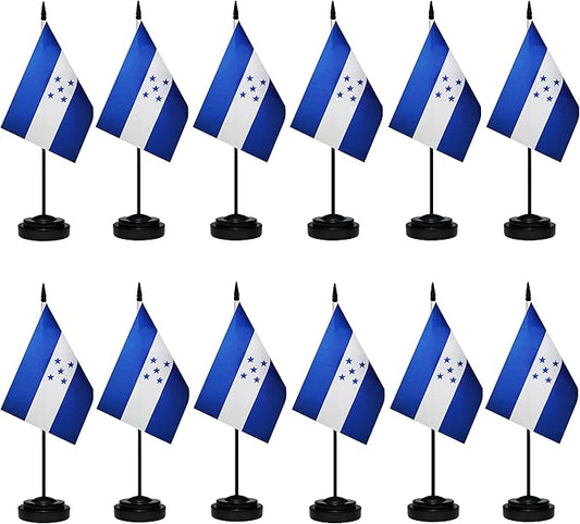Honduras Flags Honduran Small Mini Desk Flags Set Small Mini Honduras Flags Table Flag with 13" Black Pole, Black Base and Spear Top, Miniature Honduras Deluxe Desktop Flag, Home Decoration, Office Decoration, Festival Celebrations(12 Pack )