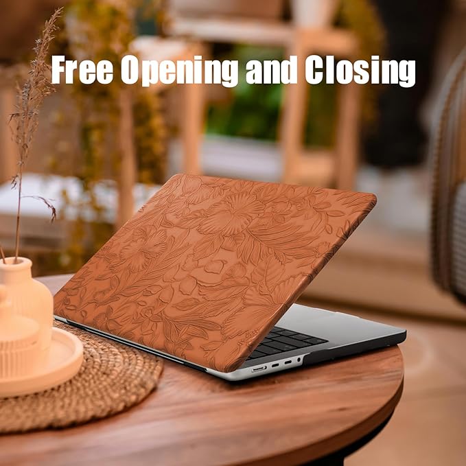 DTangLsm for MacBook Pro 16 inch Case 2025 2024-2021 M4 M3 M2 M1 A3403 A3186 A2991 A2780 A2485 Pro/Max, Elegant Texture Retro Leather Hard Shell Case+Keyboard Skin for Mac Pro 16,Embossed Floral Brown
