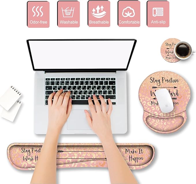 ArtSo Mouse Pad Keyboard Wrist Rest Support Ergonomic, Upgraded Cushion Mousepad Gel Memory Foam Non-Slip Rubber Base Pain Relief & Easy Typing for Home,Office, Pink Orange Stay Positive