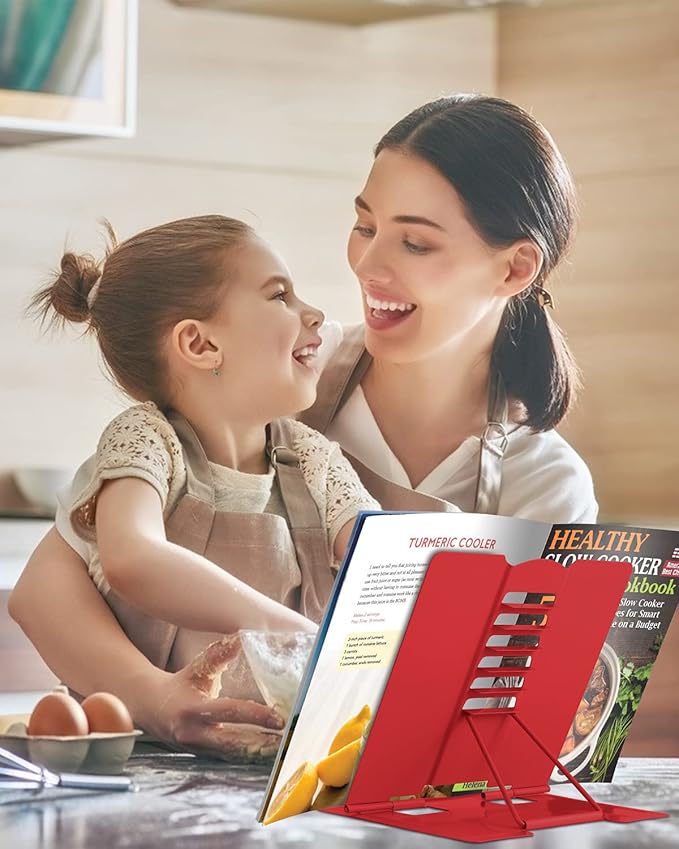 MSDADA Desk Book Stand Metal Reading Rest Book Holder Adjustable Cookbook Documents Holder Portable Sturdy Bookstands for Recipes Textbooks Tablet Music Books with Page Clips (Red)