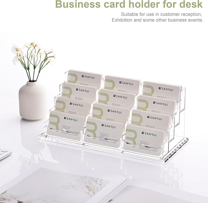 YUXUN Business Card Holder Display for Desk, Clear Acrylic Cards Stand for Women and Men 12 Slots 4 Tier 1 Pack (12slots)…