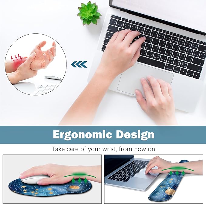 ARTSO Large Mouse Pad and Keyboard Wrist Rest, Ergonomic Mouse Pad with Wrist Support, Non-Slip Desk Mat Protector for Office, Home -Blue Planet Galaxy