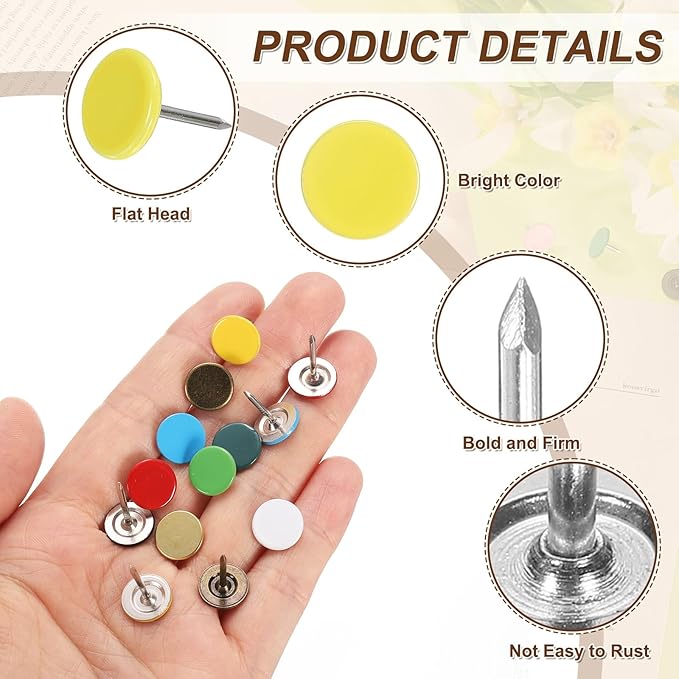 uxcell 150Pcs Upholstery Tacks, 11mmx15mm Flat Head Thumb Tack Decorative Furniture Nails Push Pins for Furniture Sofa Headboards, Light Yellow