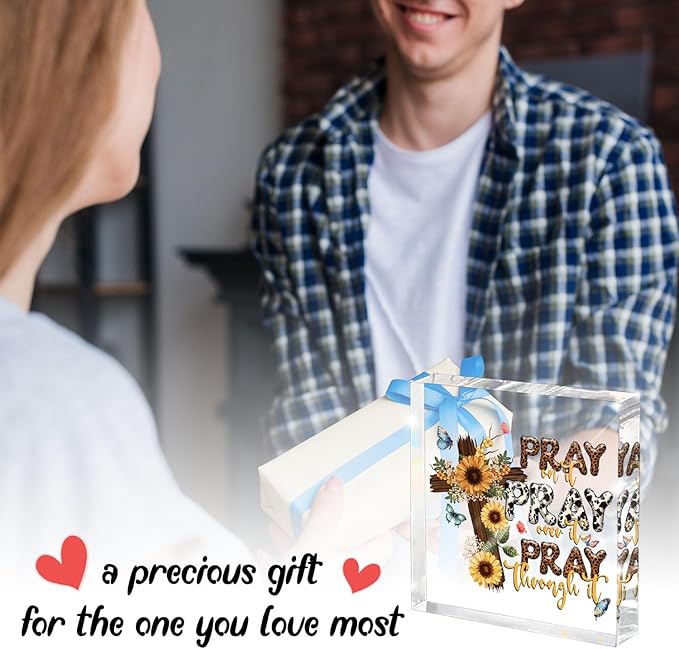 Power in Prayer Inspirational Decor, Pray Over It Bible Verse Wall Art Christian Gifts for Women, Scripture Desk Sign for Modern Home Office Room Bathroom Bedroom Decoration 4x 4 Inches (Leopard)