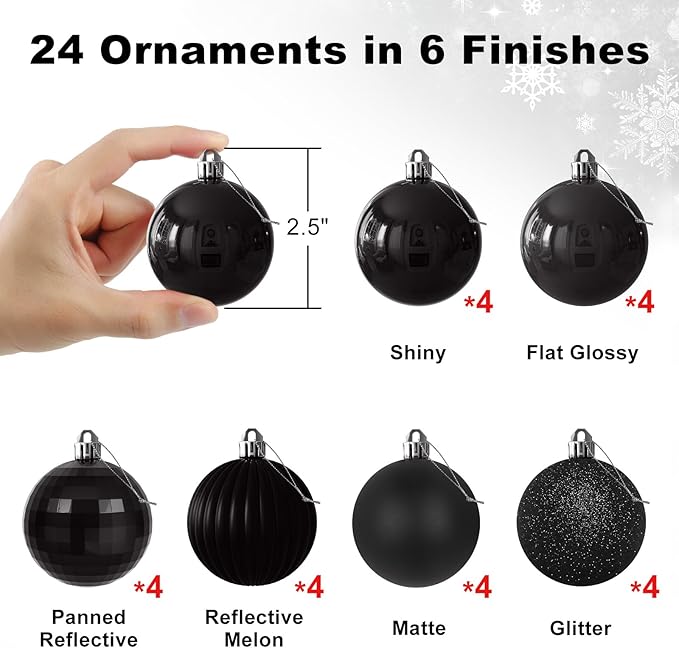 Black 2.5" Christmas Balls Christmas Tree Decoration Ornaments Shatterproof Hanging Balls for Birthday Halloween Holiday Wedding Decorations Set of 24pcs