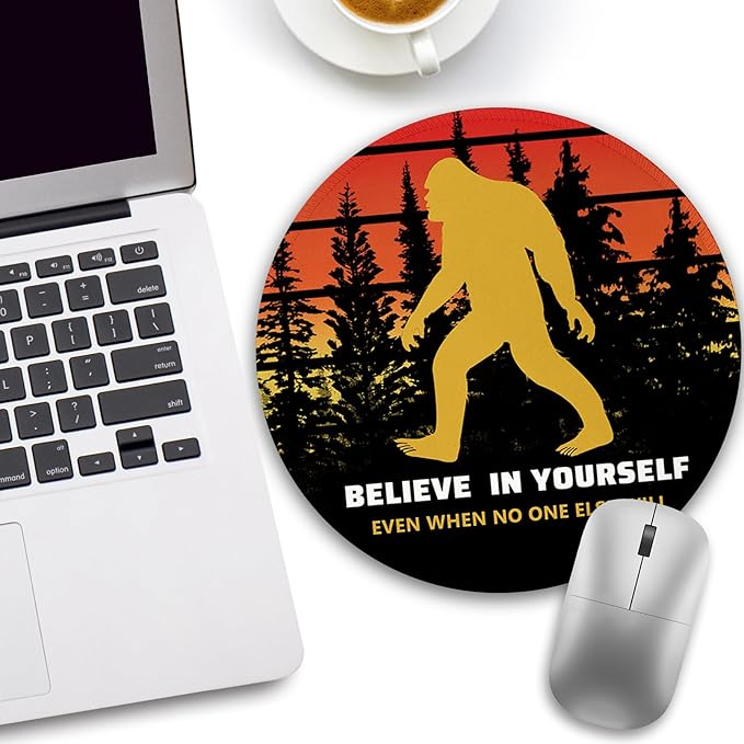 Sasquatch Bigfoot Funny Mouse Pad, Small Round Mouse Pads for Desk, Mini Travel Retro Vintage Motivational Mousepad for Work Wireless Computer Laptop, Office Desk Accessories, Believe in Yourself