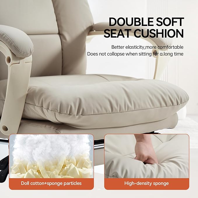 EMIAH Genuine Leather Office Chair with Foot Rest, Reclining Ergonomic Executive Office Chair with Arms, High Back Comfy Swivel Computer Desk Chairs with Wheels and Lumbar Support for Home, Beige