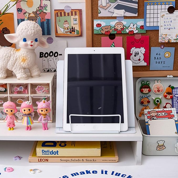 MSDADA Desk Book Stand Metal Reading Rest Book Holder Adjustable Cookbook Documents Holder Bookstands for Recipes Textbooks Music Books Birthday Gift for age 3,4,5,6,7,8,9,10+ Boys Girls (White)