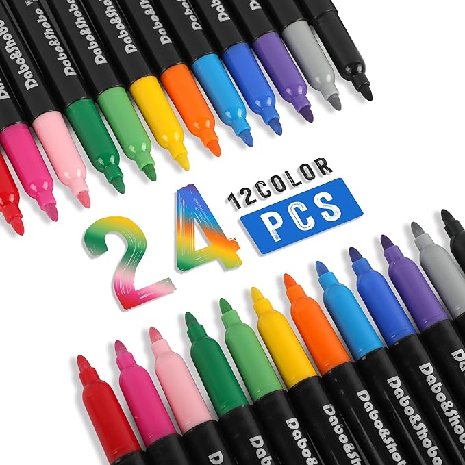 Dabo&Shobo Wet Erase Markers, 24-Count Smudge-Free Markers, 12 Colors Fine Tip, Erases With Water! Wet-Erase Low Odor Marker For Office, School And Home