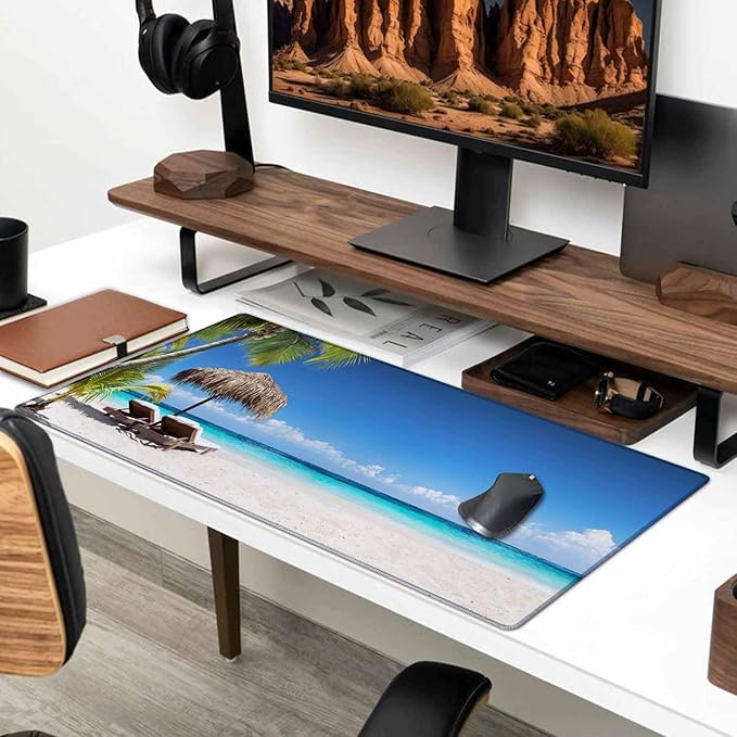 Gaming Mouse Pad, XXL Extended Computer Keyboard Long Mouse Mat, Large Desk Pad for Office Laptop, Non-Slip Rubber Base with Stitched Edge Mousepad, 31.5X11.8 inch Tropical Palm Sea and Beach
