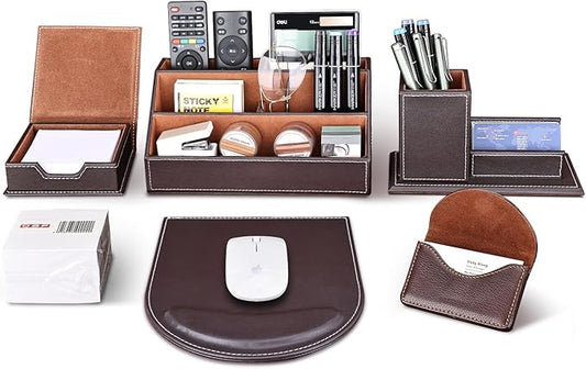 KINGFOM T31-6PCS/SET Office Desktop Decor Organizer Supplies Set PU Leather Remote Control Collection Holder, Pencil Holder Box, Business Card Holder, Mouse Pad, Sticky Notes Paper and Dispenser