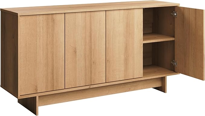 Prepac Natural Oak Finnley Sideboard Cabinet Buffet Cabinet with Storage Accent Cabinet for Living Room, Kitchen, Entryway Cabinet with Adjustable Shelves Push Latch System 16" D x 61.5" W x 30.75" H