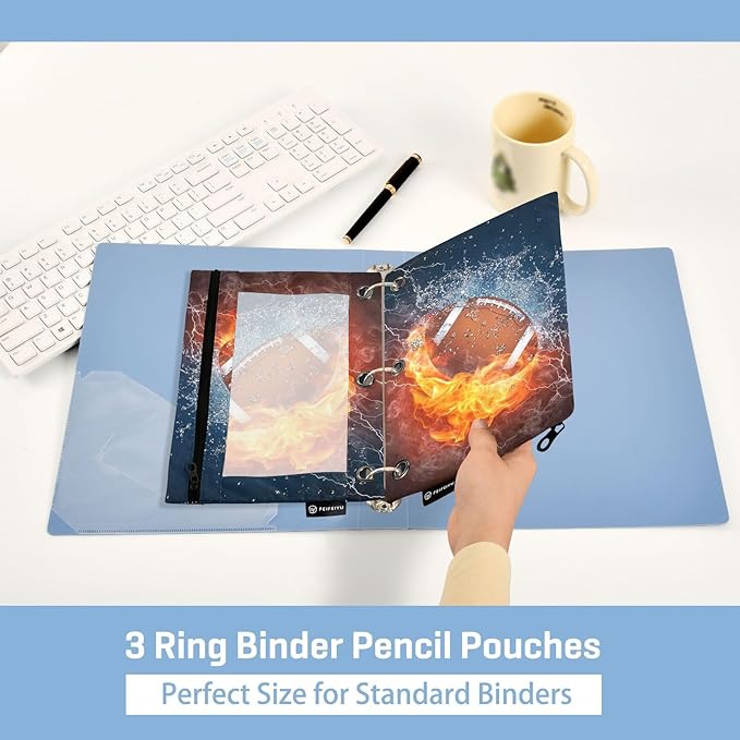 American Football Fire Water Pencil Pouch for 3 Ring Binder, 2 Pack Waterproof Pencil Bags Clear Window Pencil Case Zipper School Office Supplies