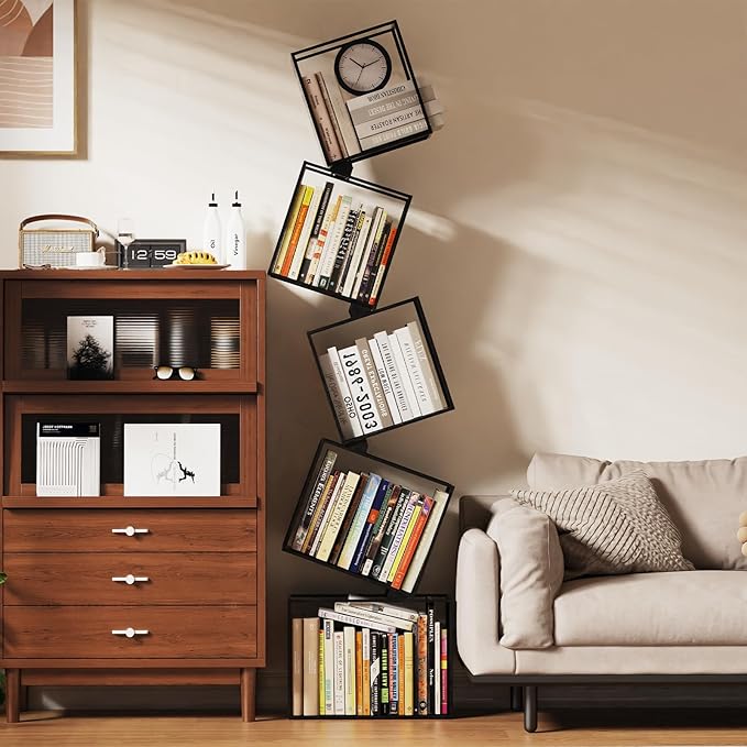 5-Tier Metal Geometric Bookshelf – Modern Narrow Floor Bookcase, Space-Saving Organizer for Living Room, Bedroom, Office, Corner – Black