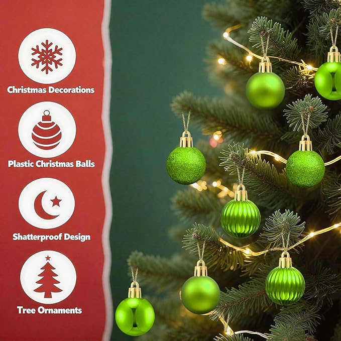 Set of 24 Small Green Christmas Ornaments Balls for Christmas Tree, 1.2 inch Mini Green Ornaments for Mini Tree, Tiny Plastic Shatterproof Hanging Bulbs Xmas Valentine Party Indoor Outdoor Decorations