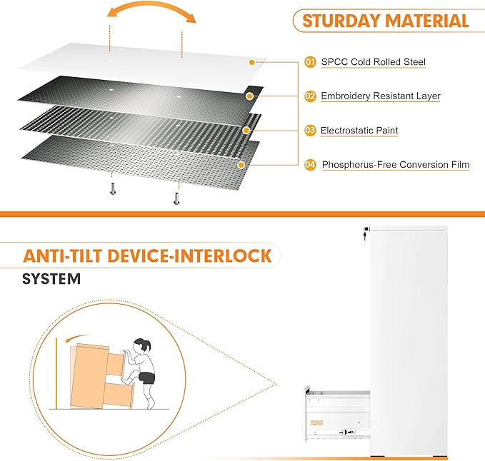 INTERGREAT 4 Drawer File Cabinet, White Metal Filing Cabinet with Lock, Tall Locking File Cabinets with 4 Adjustable Hanging Frame for Home Office