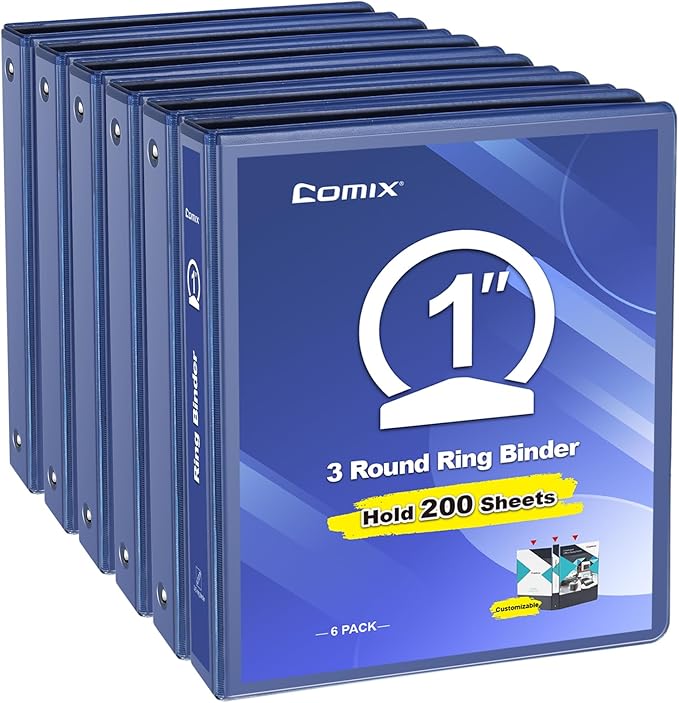 COMIX 3 Ring Binder 1 inch with Clear View Cover, 1" View Binder Holds 200 Sheets of US Letter Size Paper, 6 Pack (Dark Blue)