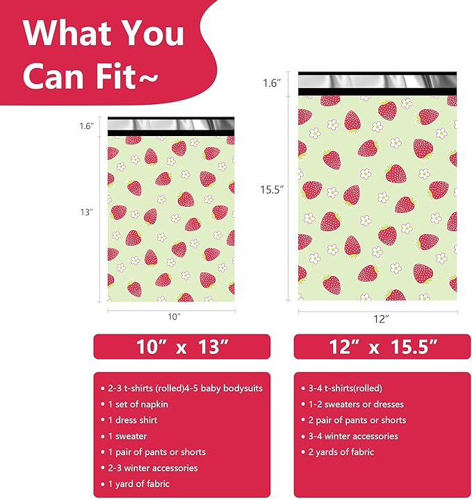 Poly Mailers 10x13 Inch 100 Pcs - Strawberries printed Shipping Bags, 2.4mil Thickness, Waterproof and Tear Resistant Mailing Envelopes, Self-Sealing Packaging Bags for Small Business