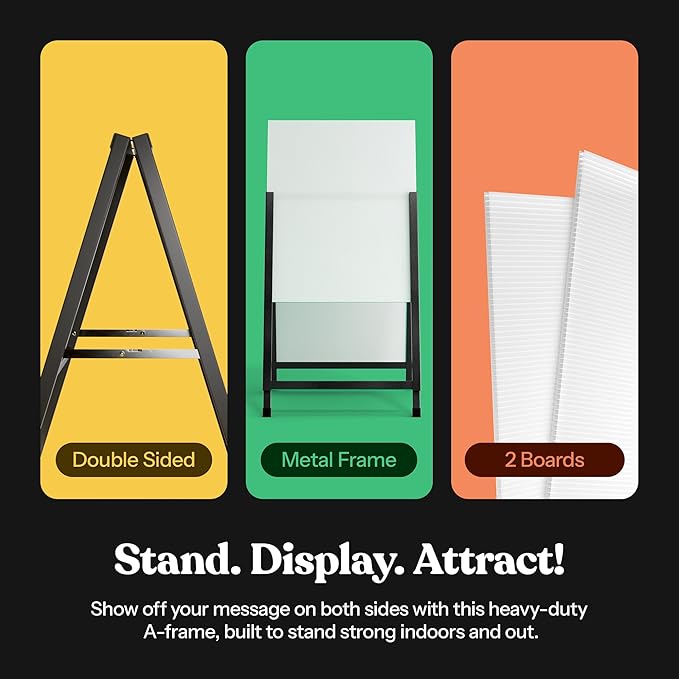 T-SIGN Outdoor A-Frame Sidewalk Sign 22x28 Inch Sandwich Board, Black Coated Steel Metal Double-Sided, Heavy Duty Slide-in Folding Frame Sign Holder, 2 Corrugated Plastic Poster Boards, Display Stand