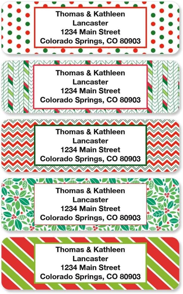 Christmas Festive Prints Rolled Personalized Return Address Mailing Labels with Dispenser, Set of 500, 5 Designs, Small ¾ x 2½ Inch Size, Custom Self-Adhesive Sticker Roll, by Colorful Images
