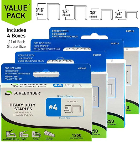 Surebonder Heavy Duty Staples No. 4 Variety Pack | Includes 5,000 T50/TRIGGERFIRE Staples | 1/4-in, 3/8-in, 1/2-in, and 9/16-in (55999)
