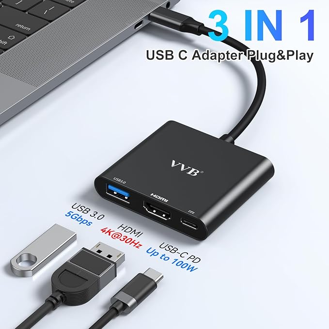 USB C to HDMI Adapter, USB-C Adapter with 4K HDMI,USB3.0,Type C PD Charge Port 4K Multiport Digital AV Converter for iPad Pro/air,MacBook Pro/air,Tablet,Switch and More USBC Device