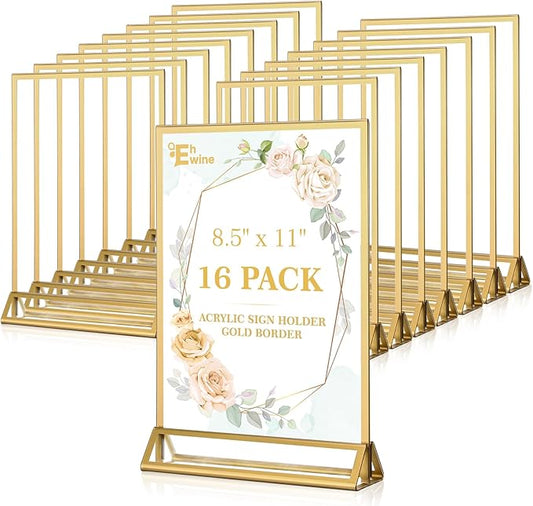 EHWINE 16 Pack Acrylic Sign Holder 8.5 x 11, Double Sided Gold Picture Frame Stand up Table Top Sign Holders, Clear Display Stand Menu Flyer Holder for Wedding Party (Provide Non-slip Mats)