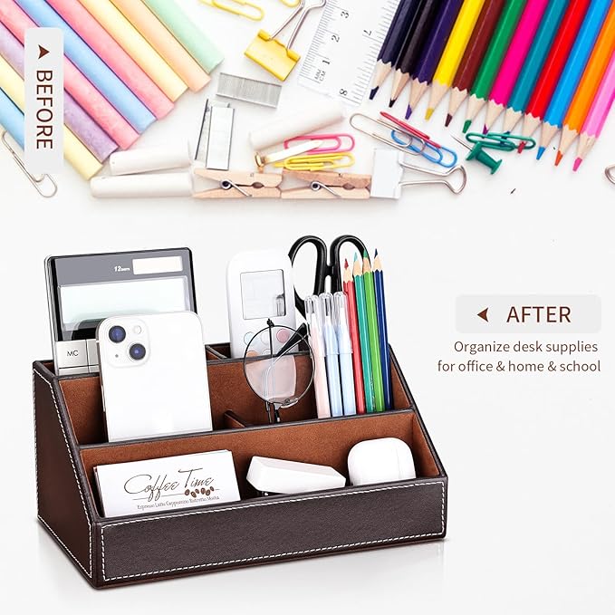 KINGFOM 5PCS Desk Organizer and Accessories Set, Pu Leather Office Supplies with Multifunction Desktop Organizer Storage Box, Tissue Holder, Mouse Pad, Note Paper Holder, Pencil Holder for Desk Brown