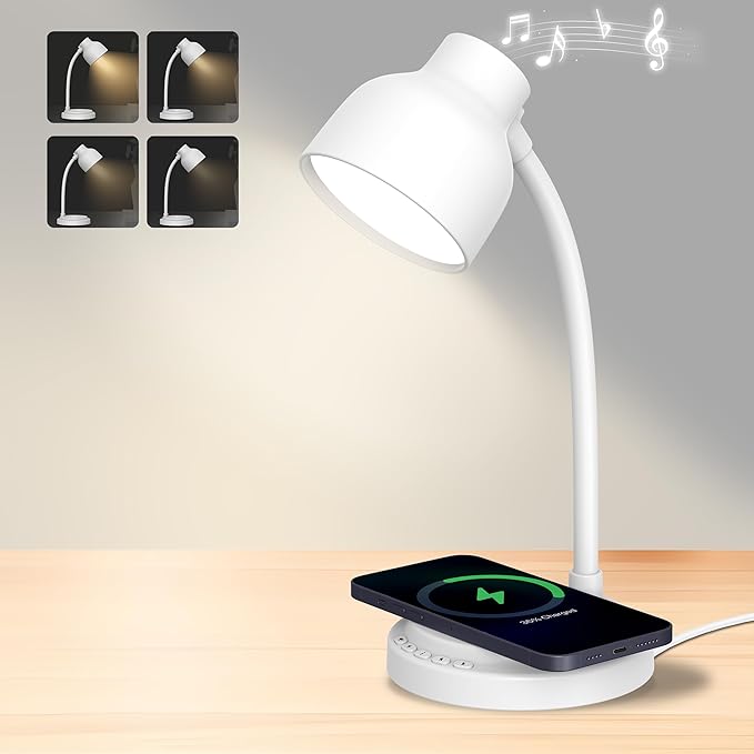 LED Desk Lamp for Office Home,Table lamp with Bluetooth Speaker&15W Wireless Charger,Desk Lamp for College Dorm Room,4 Brightness,Dimmable Table Lamp Eye Caring Reading Light(White)
