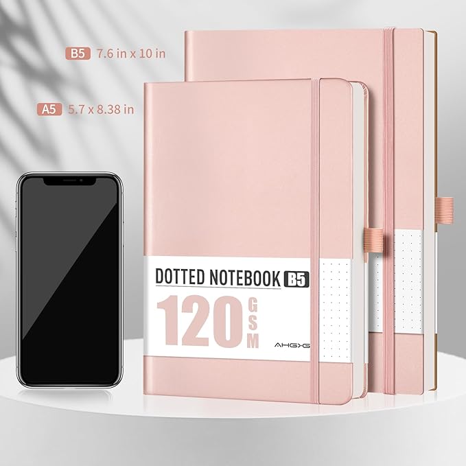 AHGXG Bullet Dotted Journal - Dot Grid Notebook Journal, 120 GSM Thick Acid-Free Paper, A5 Dotted Notebook 160 Pages, Leather Hardcover, Inner Pocket, Journal Stencil, 5.7'' × 8.3'' - Rose Gold
