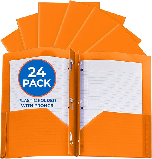 24 Pack Orange Plastic Folders with Pockets Heavy Duty. 2 Pocket Folder with Prongs Bulk. Tear-Resistant Letter Size 8.5x11. Presentation Ready School and Office Supplies