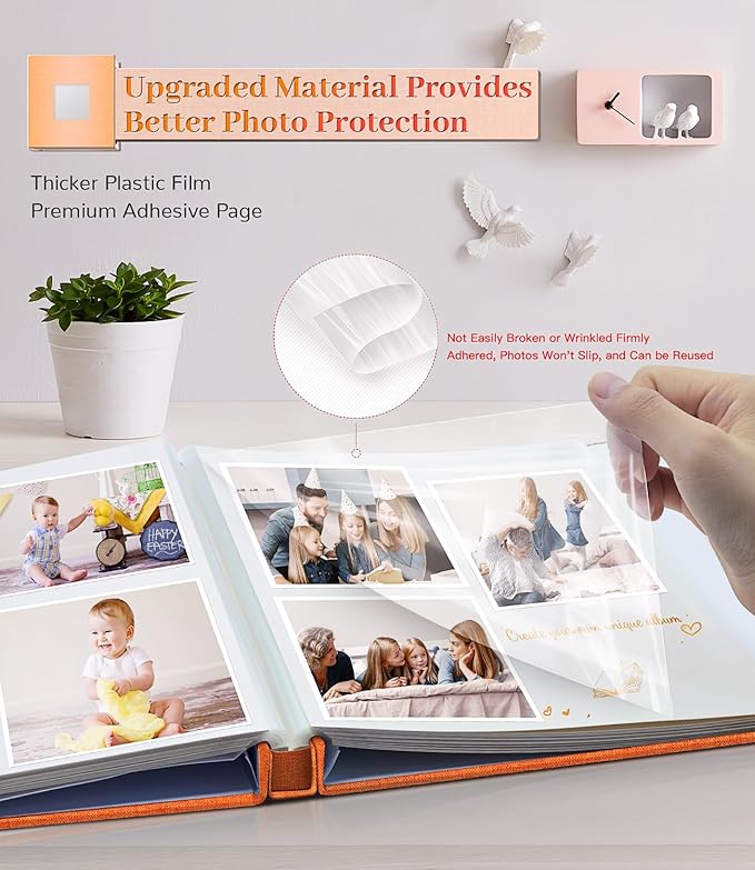 Photo Album Self Adhesive Scrapbook Album for 3x5 4x6 5x7 8x10 Pictures,60 Pages Linen Cover with Display Window DIY Photo Book,Ideal Gifts for Family Travel Wedding Baby