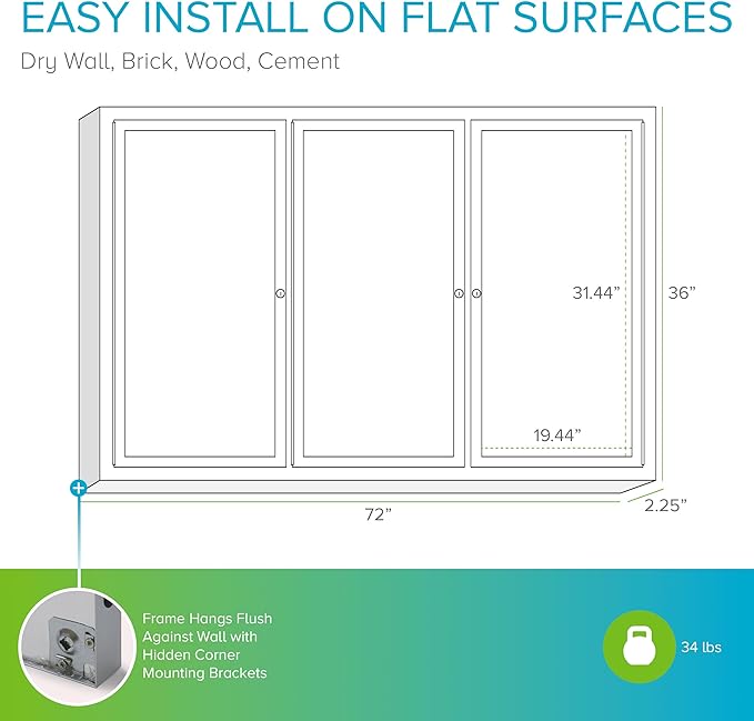 Ghent 36" x 72" 3-Door Indoor Enclosed Bulletin Board with Lock, Cork Material, Shatter Resistant Acrylic Panels, Made in the USA, Satin Aluminum Frame