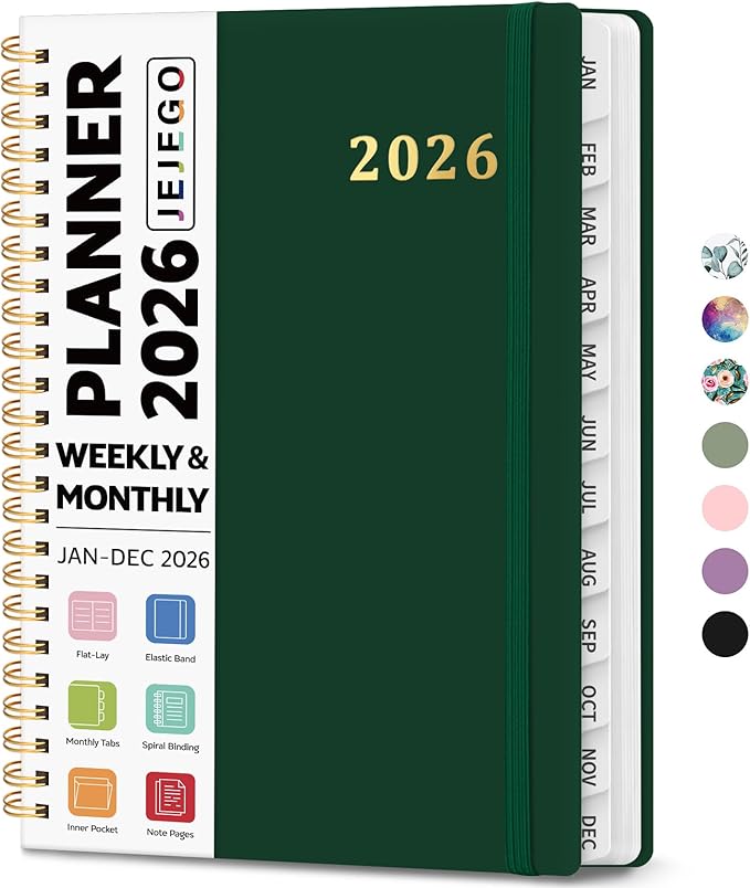 2026 Planner, Weekly and Monthly Calendar Planner Book, January 2026 - December 2026, Hardcover Spiral Planner with Monthly Tabs, Notes Pages, Perfect for Women & Men, A5 (6.4" x 8.5") - Dark Green
