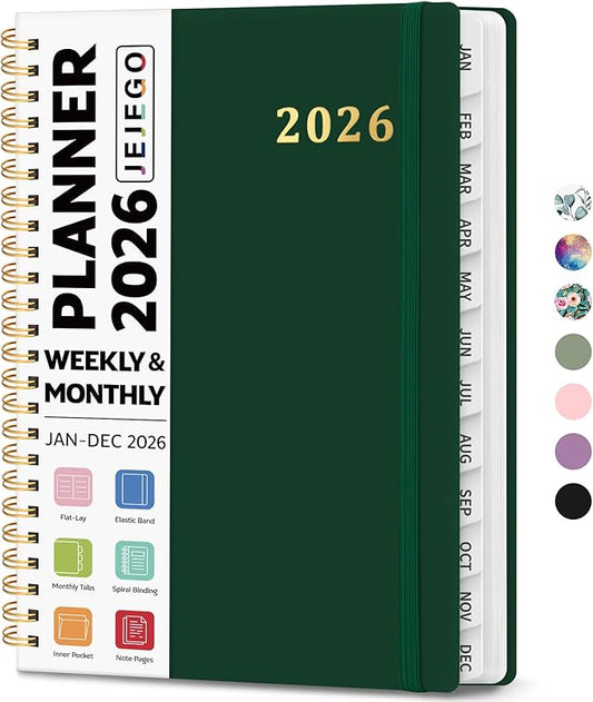 2026 Planner, Weekly and Monthly Calendar Planner Book, January 2026 - December 2026, Hardcover Spiral Planner with Monthly Tabs, Notes Pages, Perfect for Women & Men, A5 (6.4" x 8.5") - Dark Green