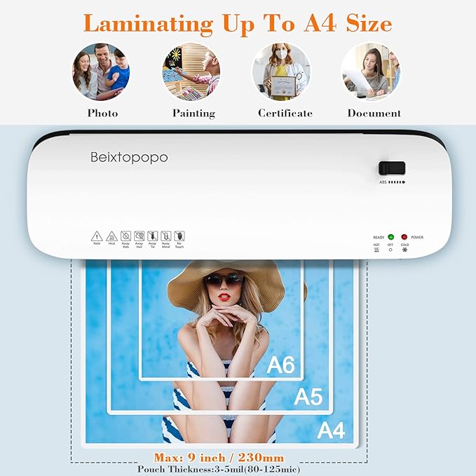 Laminator Machine, 9 Inch Thermal Laminater, Beixtopopo A4/A5/A6 Personal Laminator Machine with Laminating Sheets, 6 in 1 Heating Laminate Machine for Home School Office, Silent